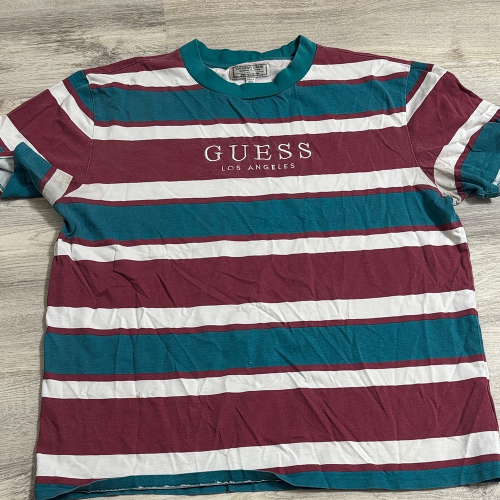 Guess Men's Maroon and Teal Striped Tee